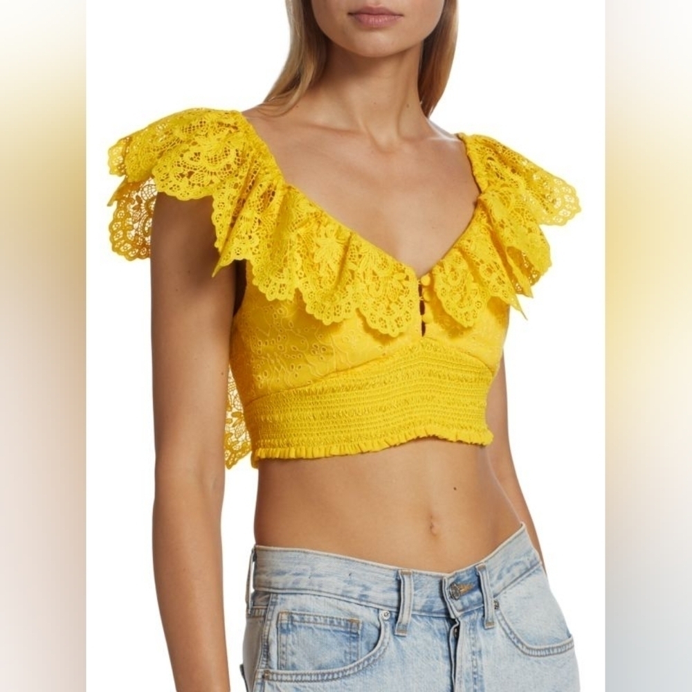 Alice + Olivia Bleeker Yellow Ruffled Eyelet Lace Crop Top